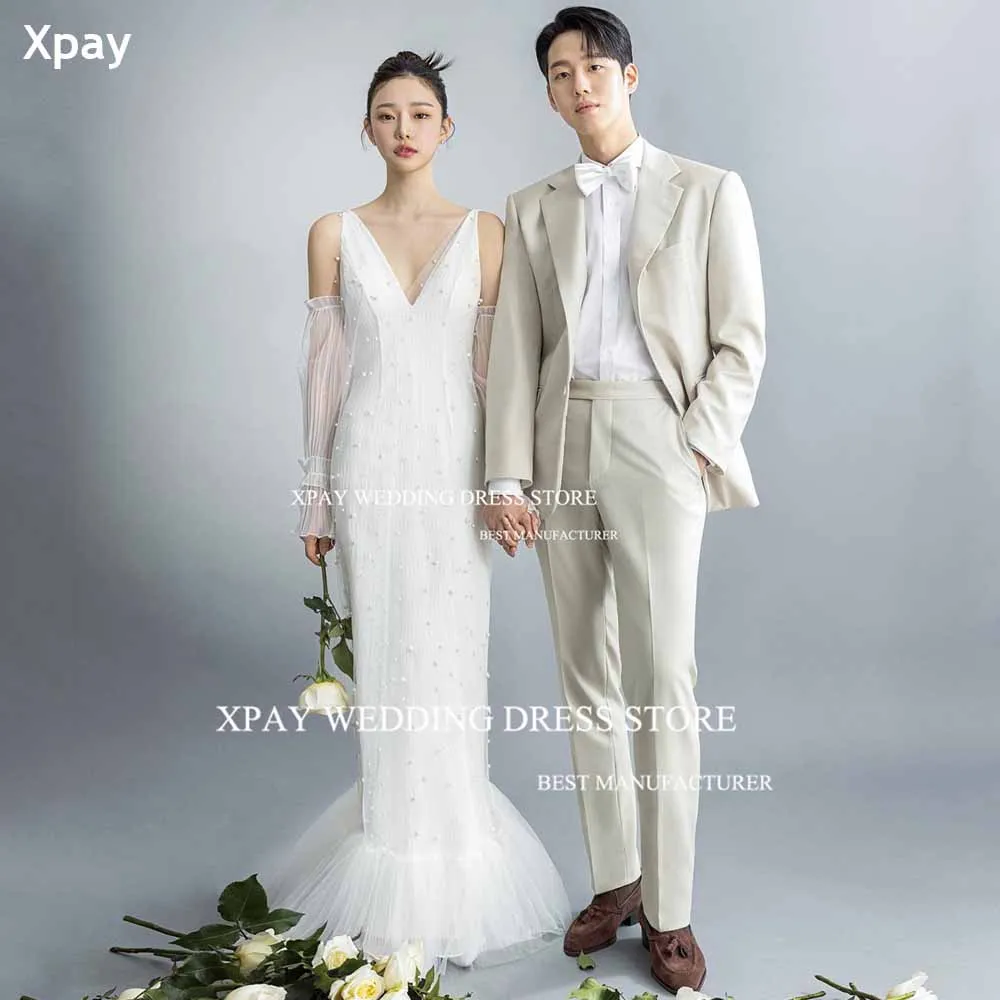 

XPAY Deep V Neck Korea A Line Wedding Dresses Spaghetti Straps Tails Tulle Bride Gown Photos Shoot Remove Sleeve Robe de mariage