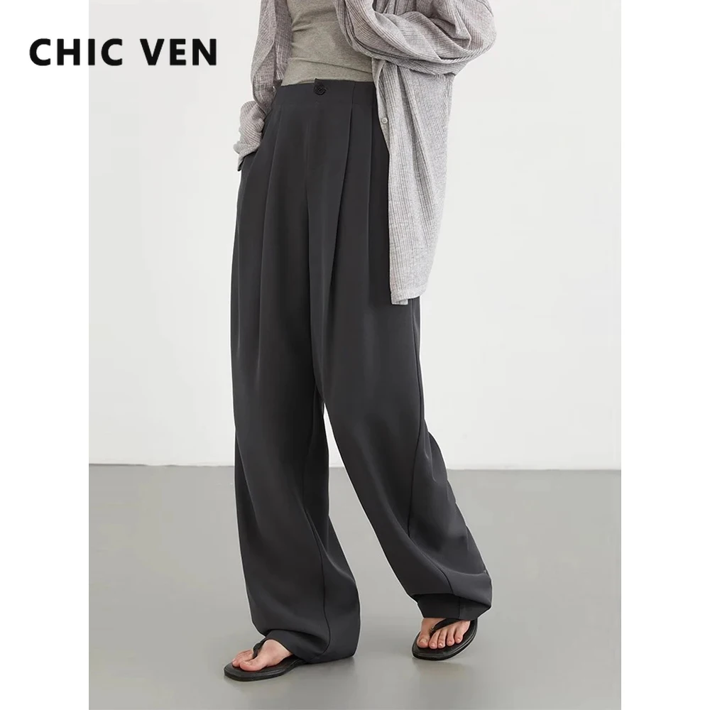 

CHIC VEN Women Pants New Casual High Waisted Female Pleated Trousers Wide Leg Long Pant Office Lady Clothing Spring Summer 2024