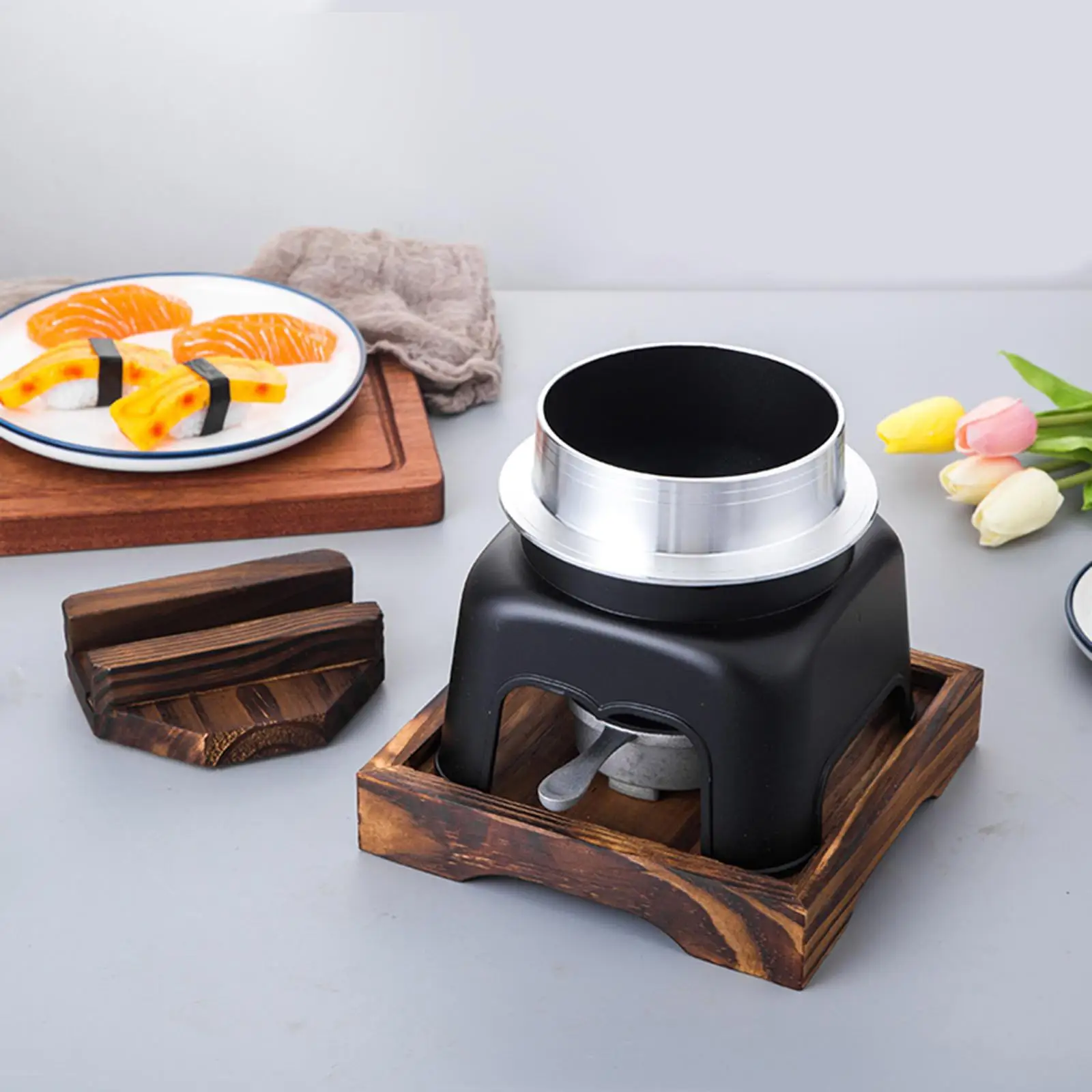 Japanese Rice Pot Non Stick with Wooden Lid and Tray for Camping Picnics