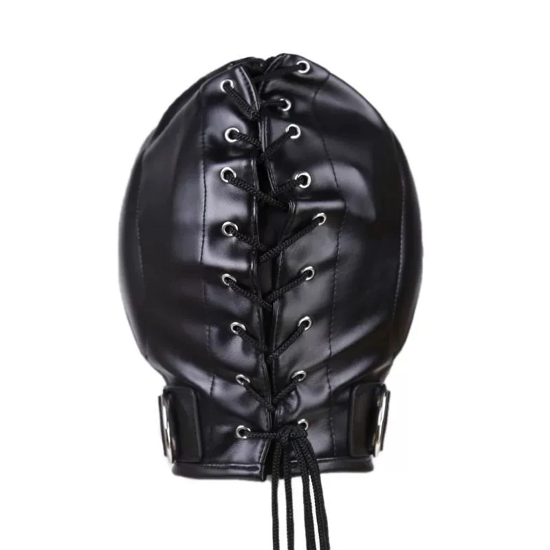 Leather Padded Hood Blindfold And Head Harness Gag Set_voghion.com