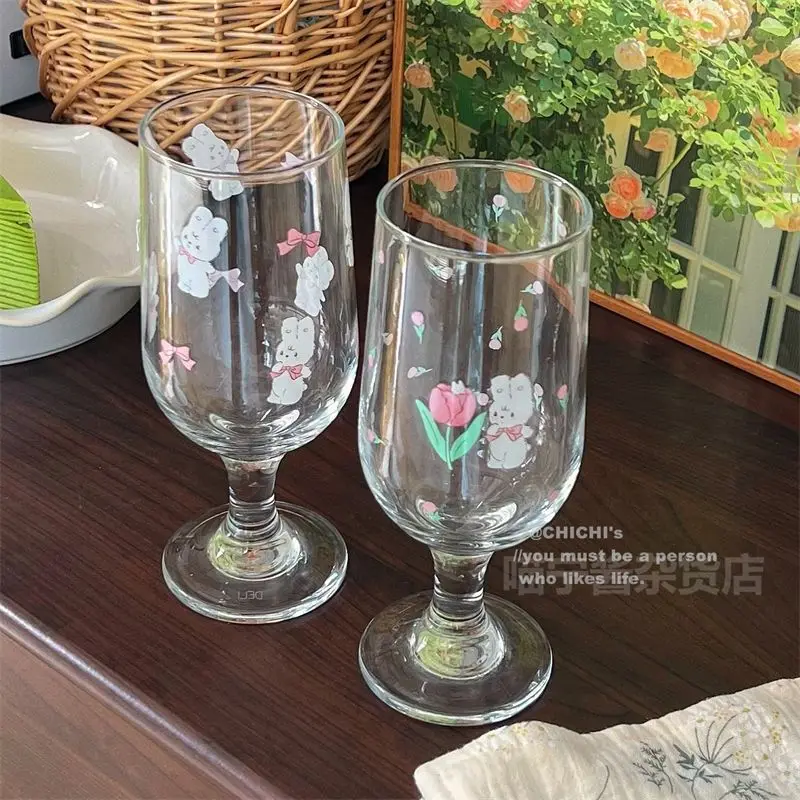 300ML Korean-style Daisy Goblet French Tulip Short-footed Glass Ins Red  Wine Glass Cute Wine Glass Juice Glass