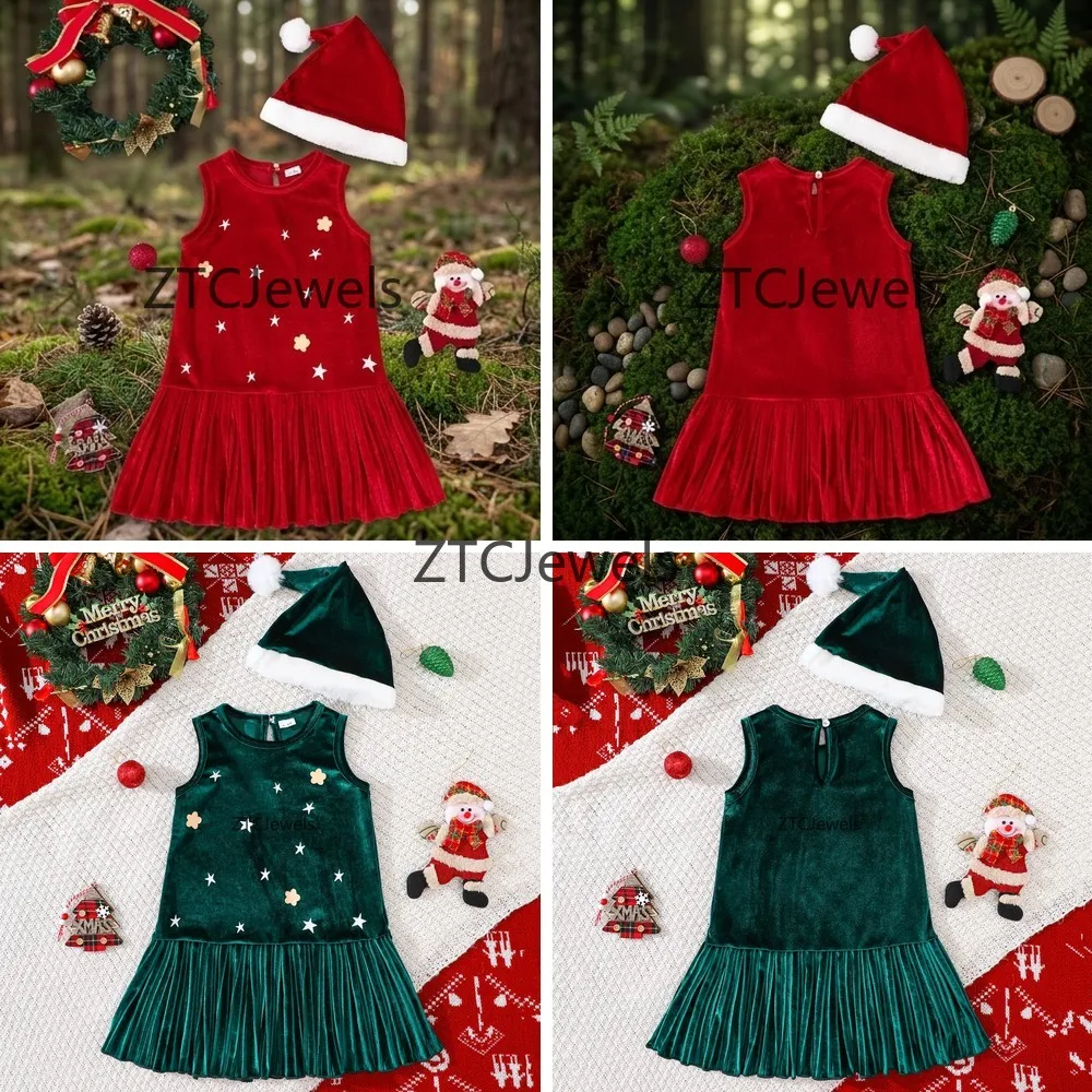 Cosplay Christmas Dress Girls Toddlers Sleeveless Red Star Print Party Beach Home Casual Costume with Hat