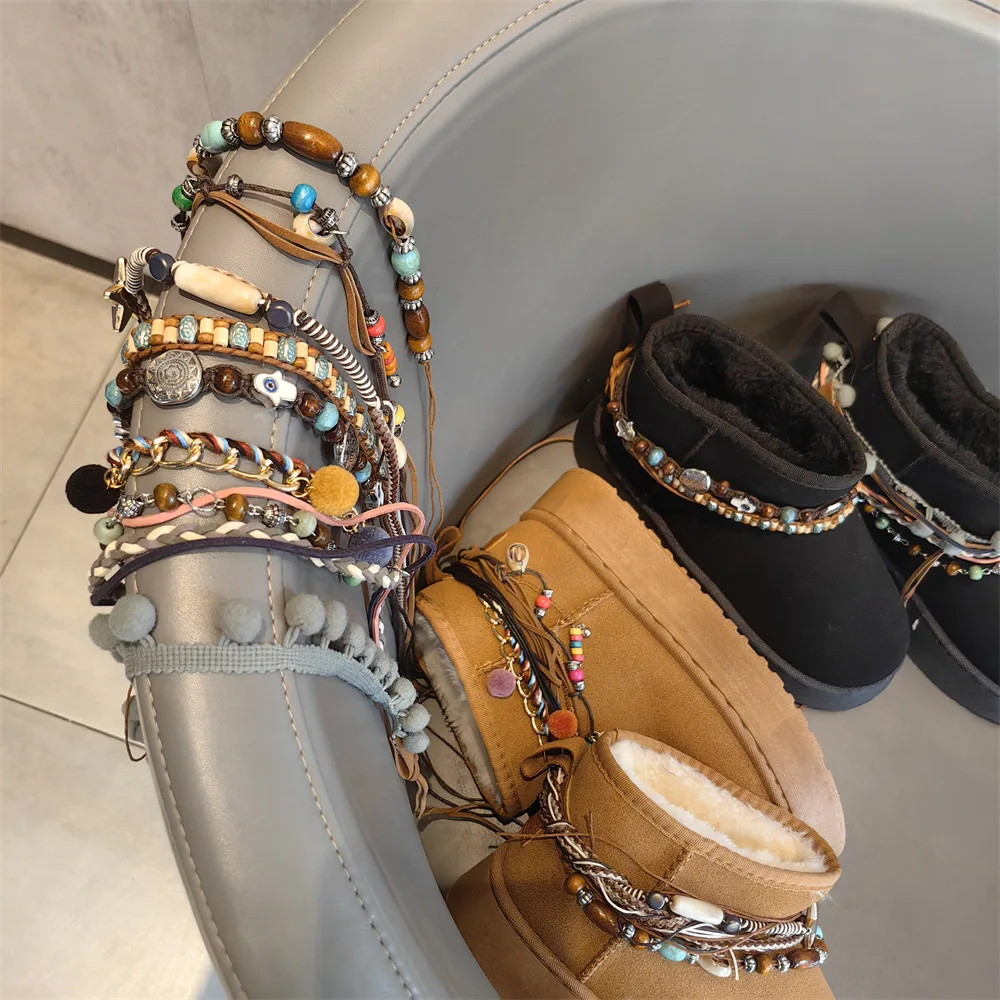 1 Stücke Winter Schnee Stiefel Schuhe Kette nische Maillard ethnischen stil Schuhe Dekoration Zubehör Personalisierte Perle string Schuh Charms