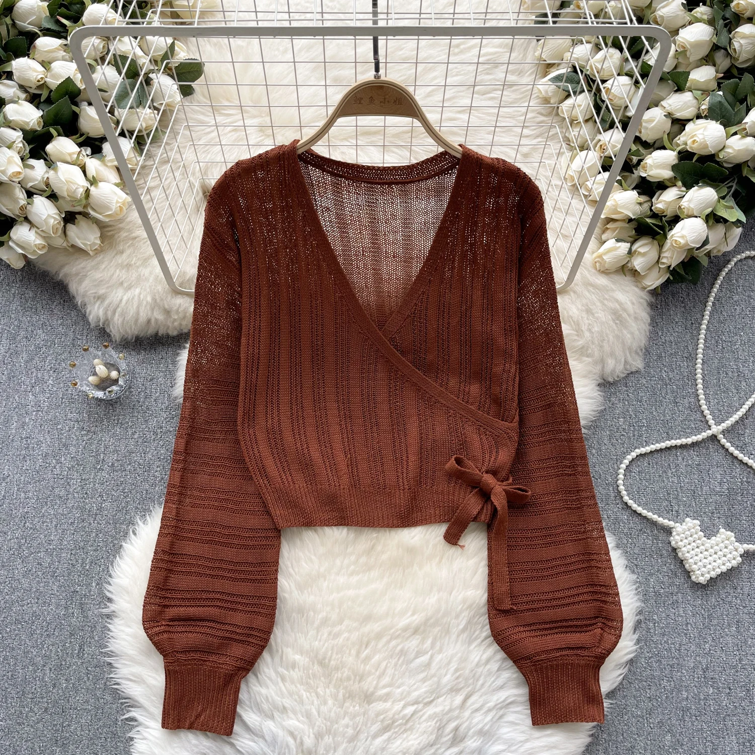 

Fashion Pullovers Women V Neck Puff Sleeve Solid Color Lace-up Knitwears Korean Style Spring Cropped Pull Femme Knitted Dropship