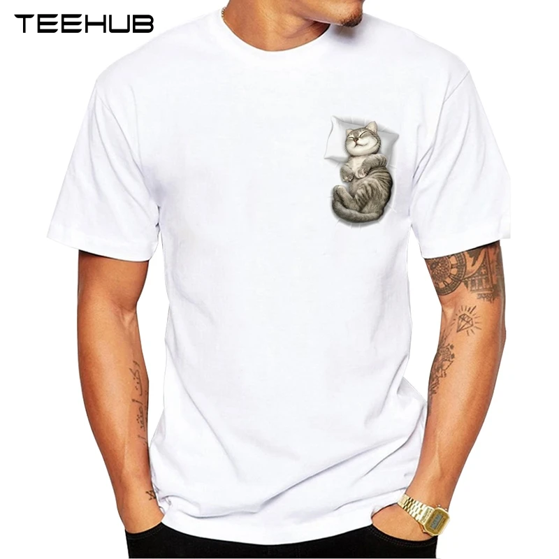 TEEHUB Mode Katze Schläft In Meinem Tasche Männer T-Shirt Hipster Schlafen Katze Gedruckt Tops Kurzarm T Kühle T Shirts – Detail 5