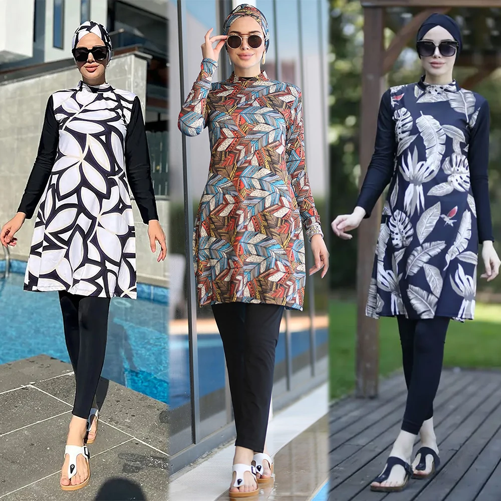 무슬림 여성 프린트 하이스트레치 수영복, 풀 커버업, 보수적인 이슬람 히잡, 긴팔, 부르키니 수영복, 3 피스 