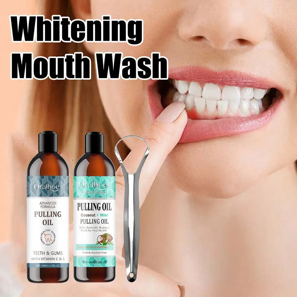 

Coconut Mint Pulling Oil Mouthwash Alcohol-free Teeth Whitening Fresh Oral Breath Tongue Scraper Set Mouth Health Care