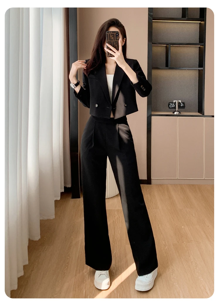 Tesco Casual Women Suit Short Blazer Jacket And High Waist Wide Leg Pants Black Pink Fashion Elegant Trousers Outfits 2 Piece