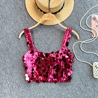 One Size Sequined Summer Club Tank Top Off Shoulder Crop