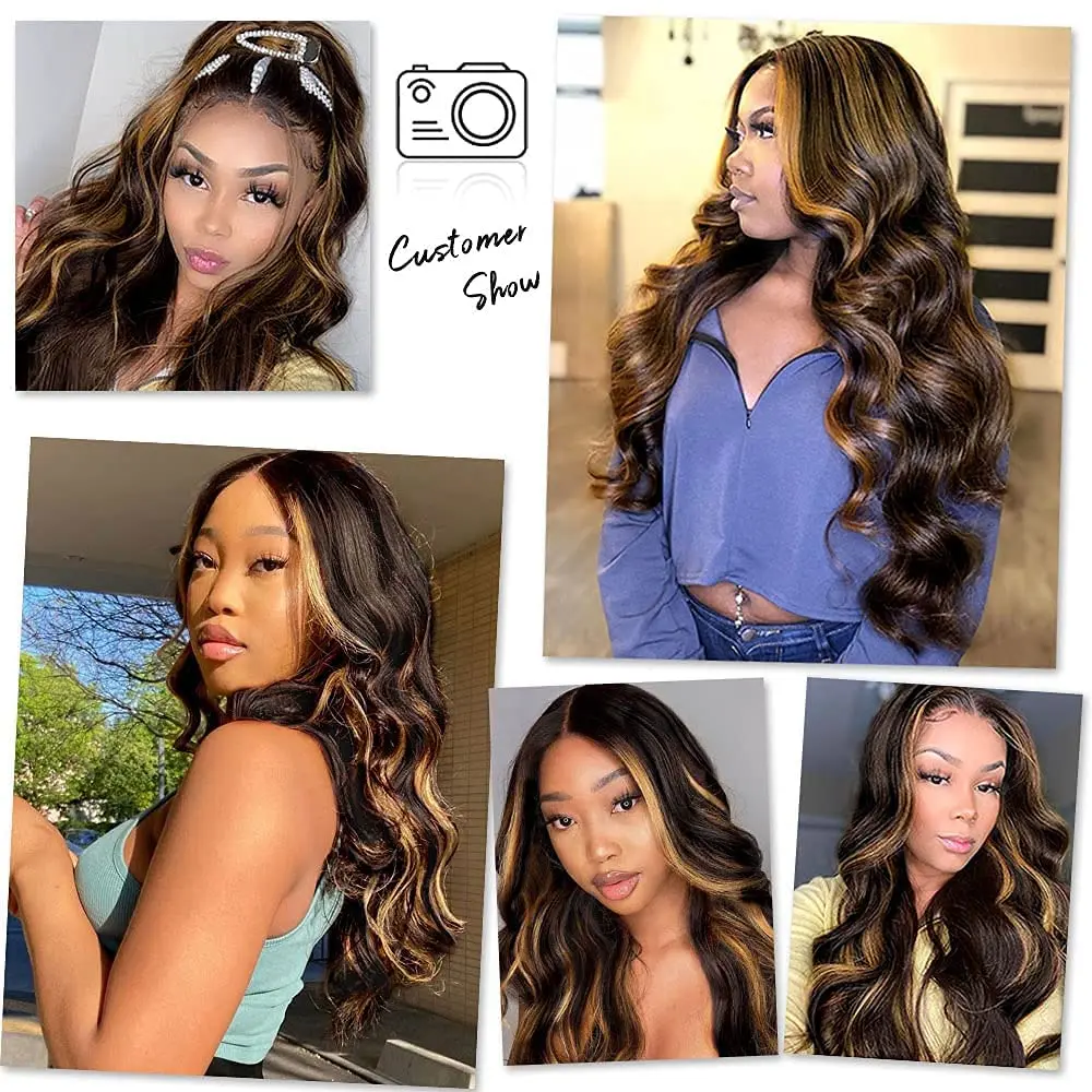 Synthetic Highlight Wigs Lace Front Wigs 13X4X1 T Part Frontal Lace Heat Resistant Fiber Wig for Black Woman P27 Long Wavy Hair