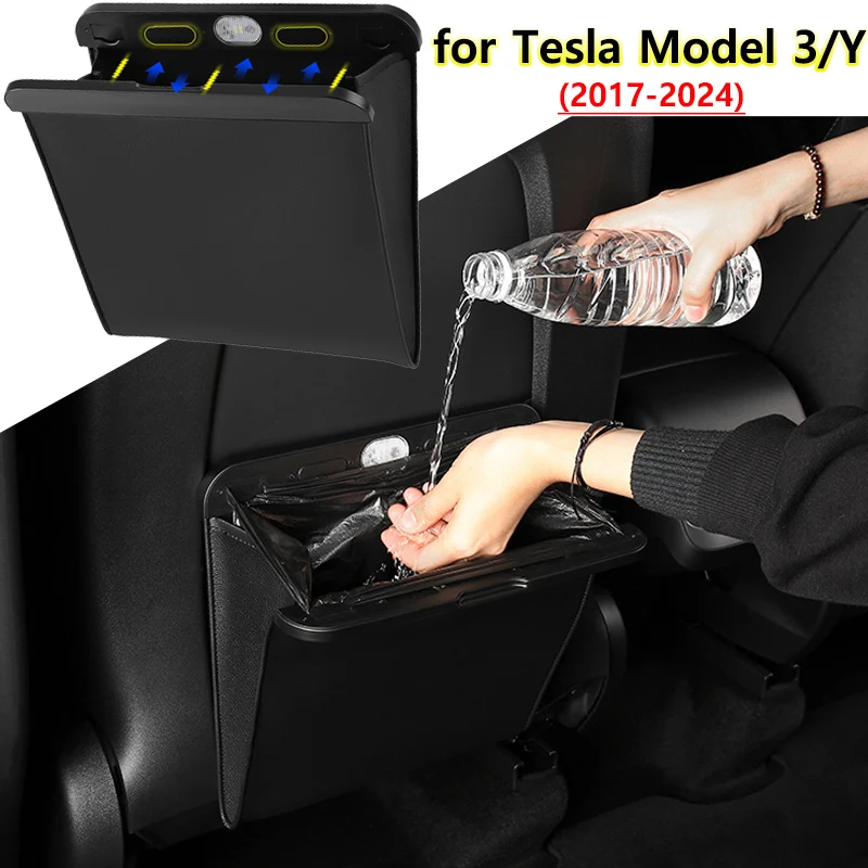 For new tesla model 3 Y garbage bag leak-proof magnetic dustbin back seat hanging trash can with LED light car accessories car trash can