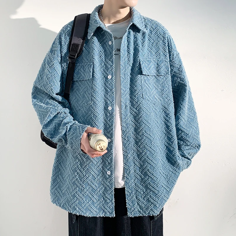 

Spring Autumn Premium Retro Plaid Shirt Men Lapel Solid Loose Long Sleeve Denim Jacket Harajuku Streetwear Cardigan Blouses