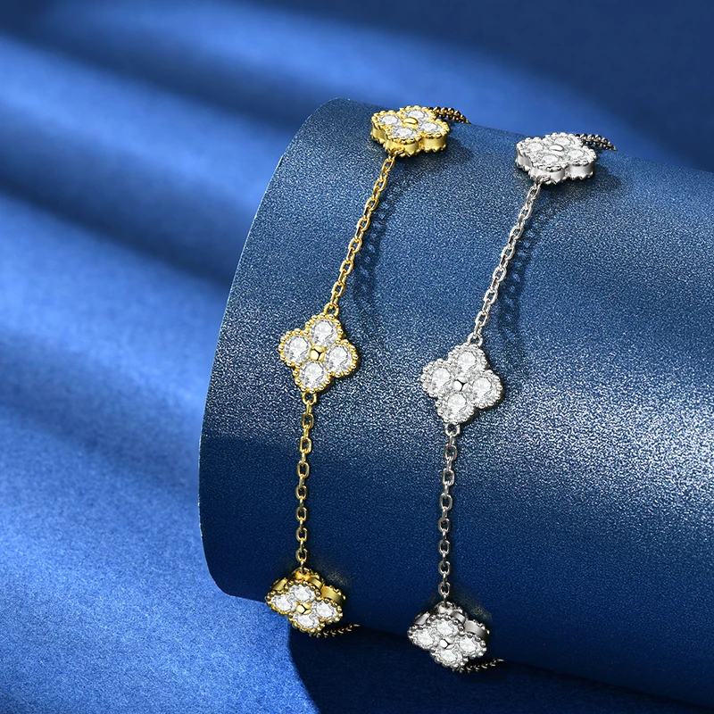 18k Gold Plated 925 Silver 3mm Moissanite Necklace Earrings Bracelet Sets 3 In 1 Clover Flower Charm Jewelry Set for Women Gift 2