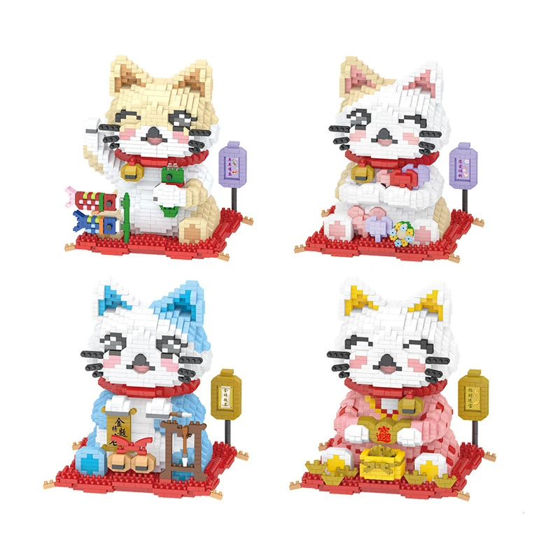 

Maneki Neko Figure Fortune Cat Micro Building Blocks Cartoon Lucky Kitty Mini Diamond Brick 3D Assembled Toys For Kids Gift