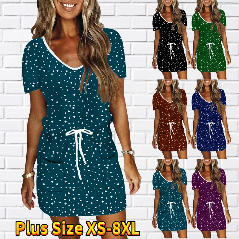 

2023 Summer Women's Sexy Short Skirt Trend Short Sleeve Skirt V-neck New Design Printing Dress Retro Elegance Slim Skirt XS-8XL