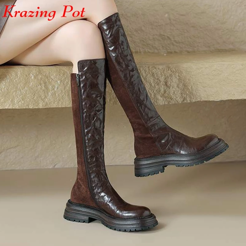 

Krazing Pot Vintage Sheep Leather Round Toe Winter Keep Warm Equestrian Boots Med Heels Slip On Platform Punk Thigh High Boots