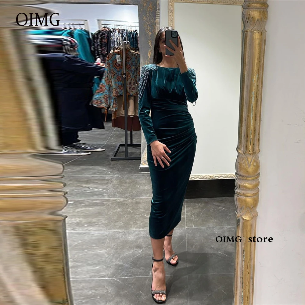 

Modest Dark Green Velvet Sheath Evening Party Dresses Long Sleeves Jewel Neck Tassel Pleats Tea Length Arabic Prom Dress