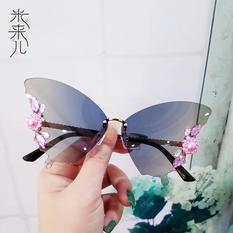 

Frameless Crystal Butterfly Sunglasses Vintage Brand Shades for Women Rimless Sunglasses Bling Diamond Eyewear