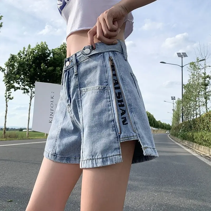 Women Summer Korean New High Waist Denim Shorts Fashion Trend Side Zipper Button Pocket Splicing Loose Versatile Wide Leg Pants