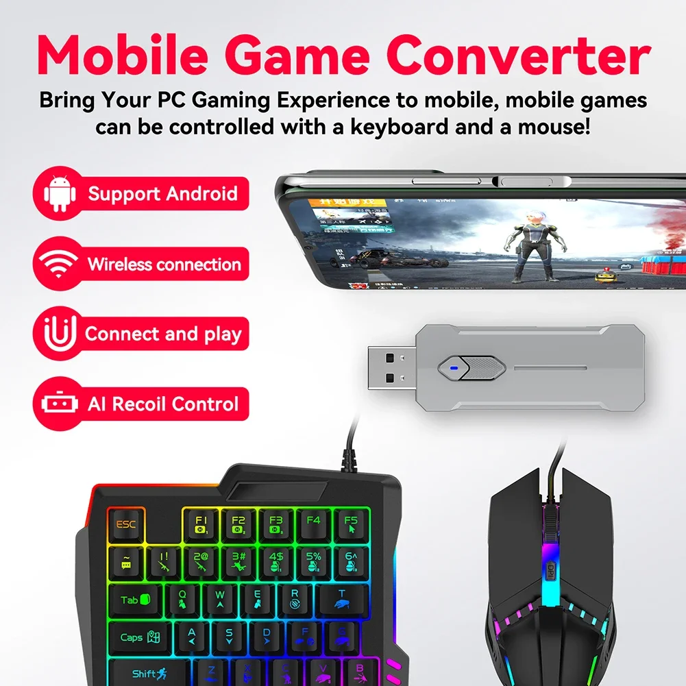 5 in 1 Mobile Game Converter Keyboard Mouse Gaming Set for PUBG Wired RGB Backlit Keyboard with Wrist Rest for Android System