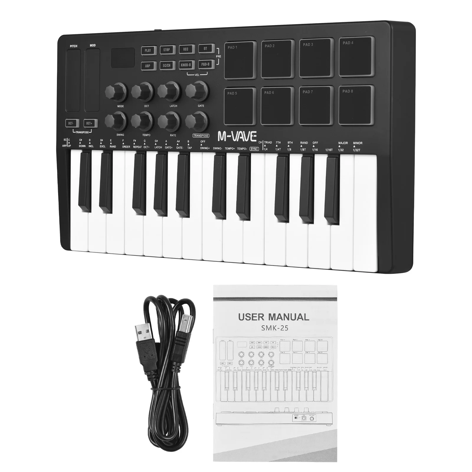 M-VAVE 25-Key MIDI Control Keyboard Mini Portable USB Keyboard MIDI Controller with 25 Velocity Sensitive Keys 8 RGB Backlit Pad