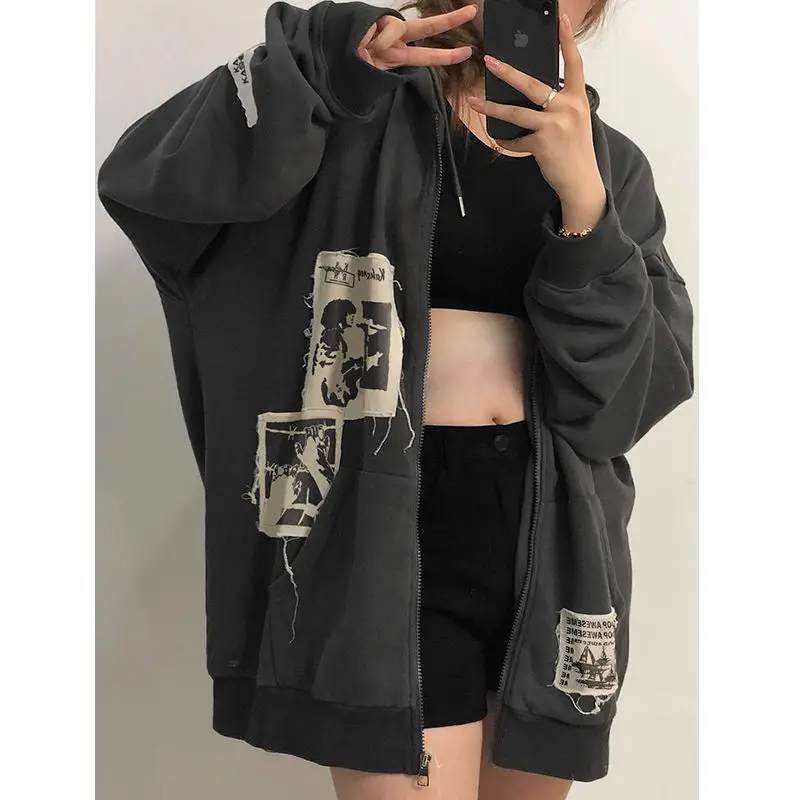 

Emo Women Alt Patch Punk Hoodie Men Hip Hop Korea Fleece Retro Vintage Hoodies Women Loose High Street Zip Up 2022 High Street