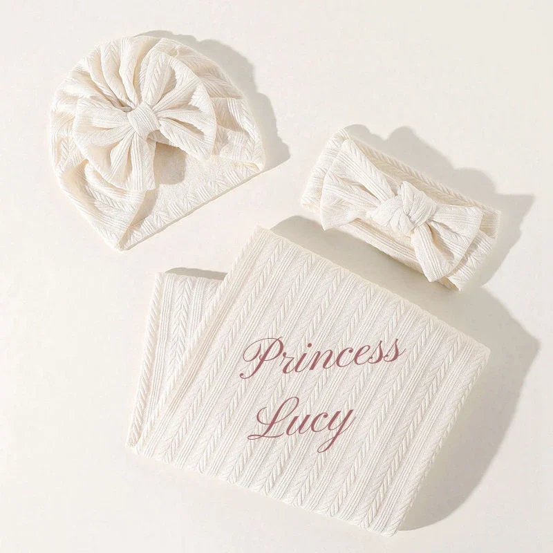 3pcs Custom Name Baby Swaddle Blanket with Newborn Hat Bowknot Headbands Receiving Blanket Wrap Bow Headband for 0-6M Boy Girl