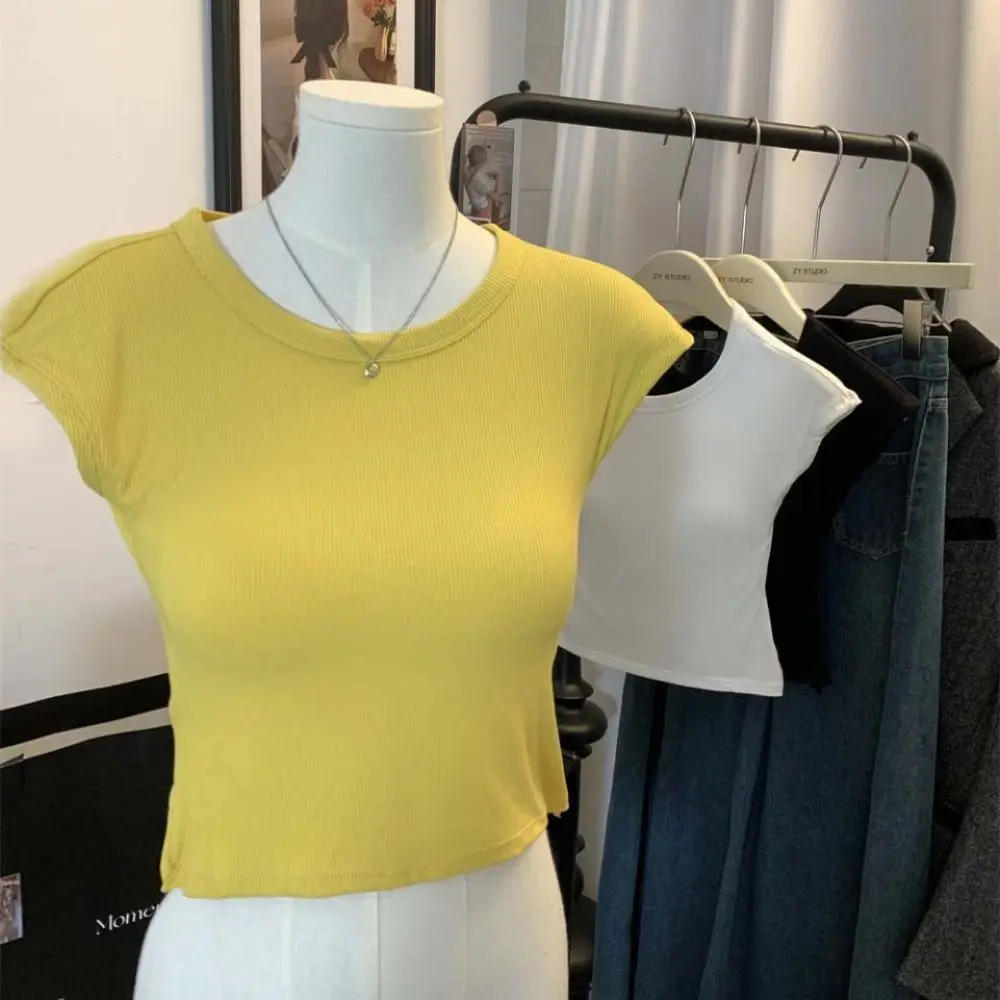 Elegant Hollow out Beauty Back T-shirt Short Sleeve Round Neck Slim Crop Tops Bottoming Shirts Y2k Vest with Pads Summer