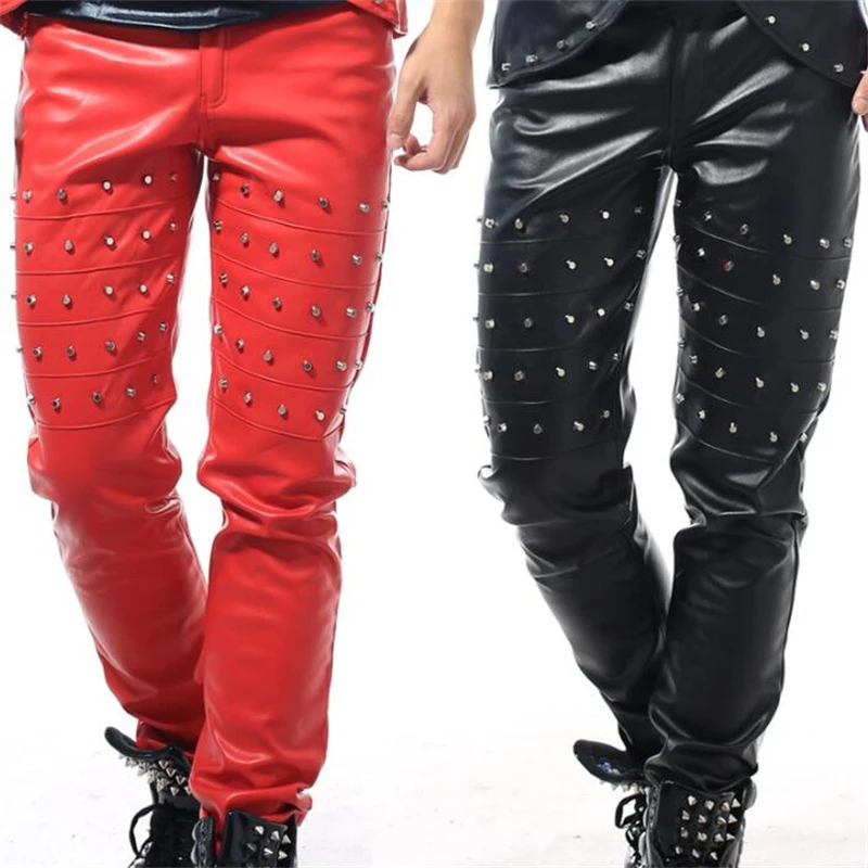 Stage Personality Men Leather Pants Red Pant Men Pu Trousers 