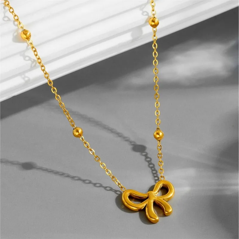 316L Stainless Steel Bowknot Pendant Necklace for Women Trendy Beads Choker Chain Necklace Party Jewelry Accessories