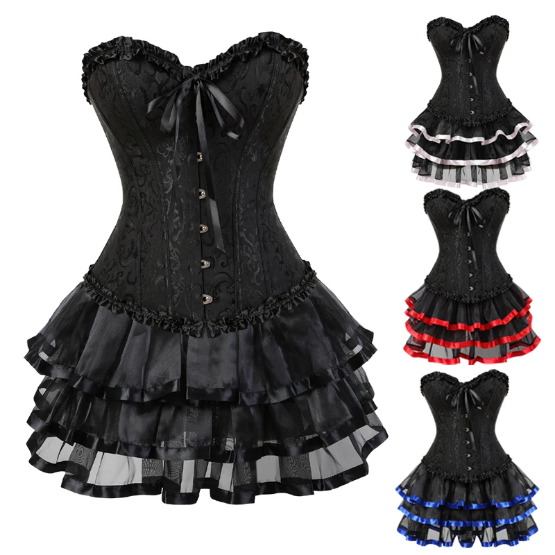 Sexy Black Corsets Dress for Women Plus Size Costume Burlesque Overbust