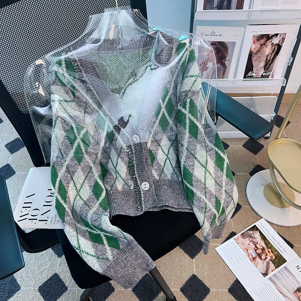 

V-Neck Knitting Plaid Women Cardigan Sweater Full Sleeves Spring Autumn Loose Casual Lady Short Coats Pullovers