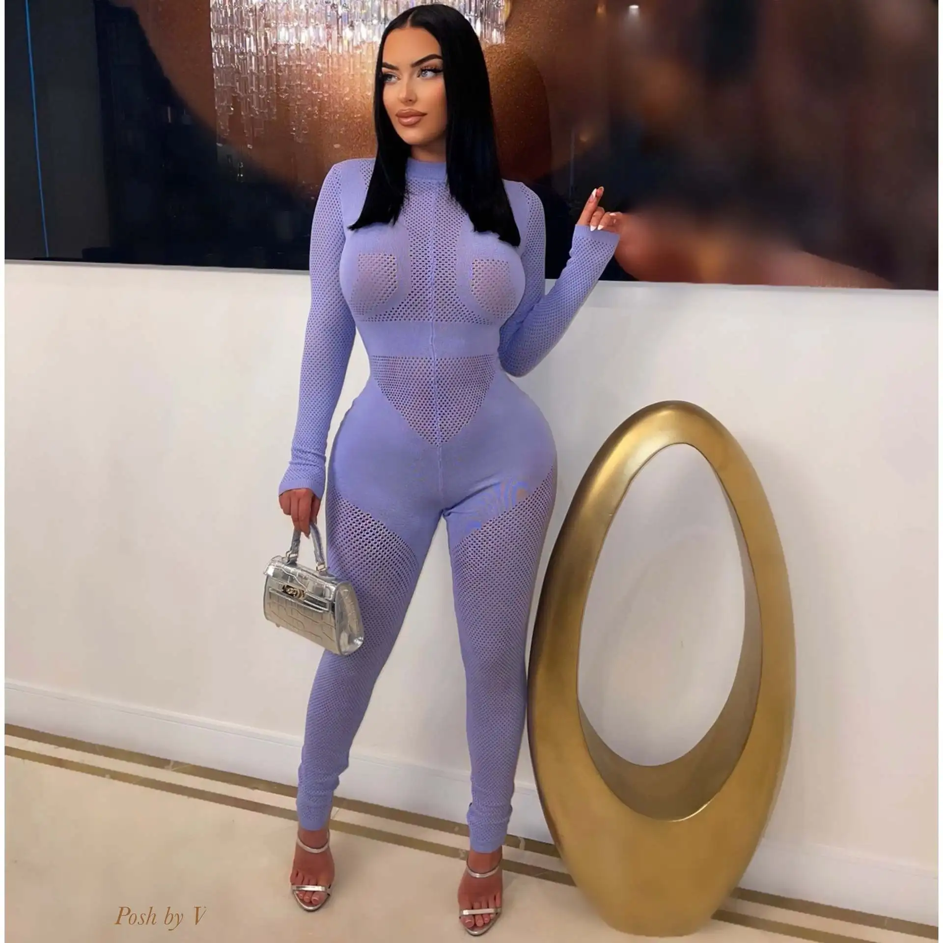 2023 Women Mesh Black Sexy Knitted Jumpsuits One Piece Outfits Fashion Winter Club Elegant Bodycon Jumpsuit Bodysuit Playsuit