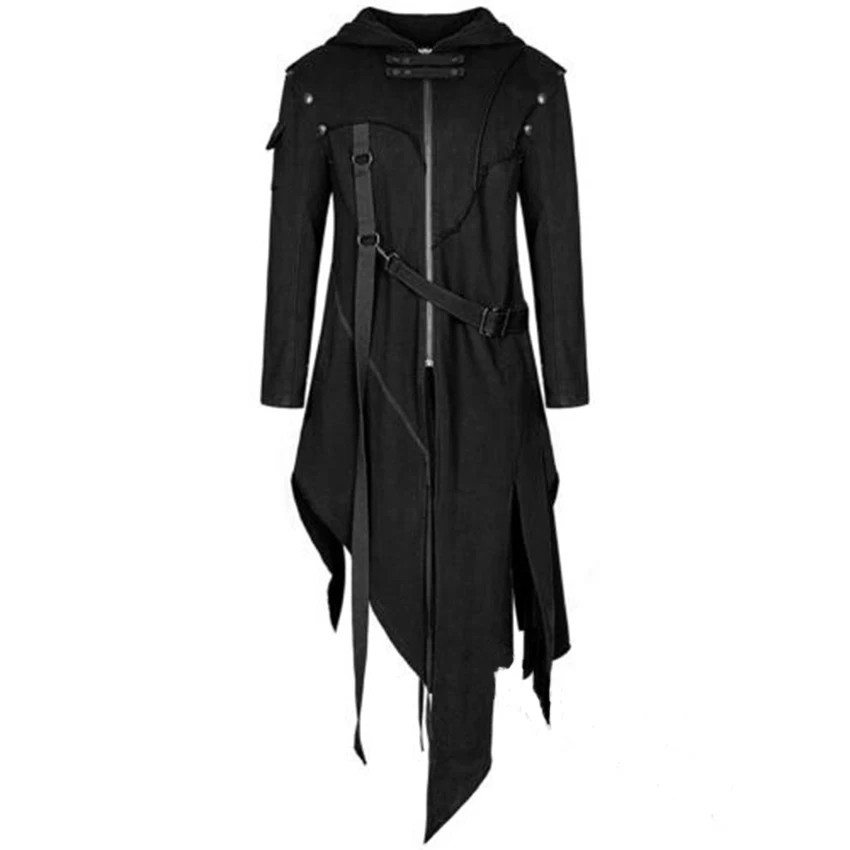 

Retro Steampunk Zipper Trench With Hooded Halloween Cosplay Coat Long Sleeve Jacket Black Irregular Hem Top Performance Clothes