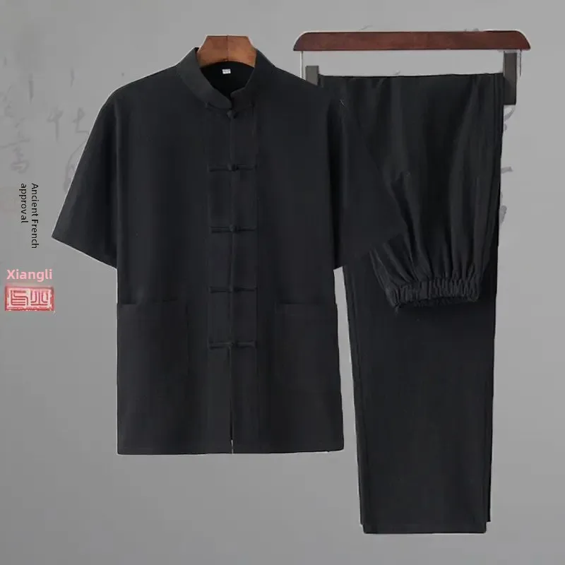Black two-piece short-sleeved shirt + trousers