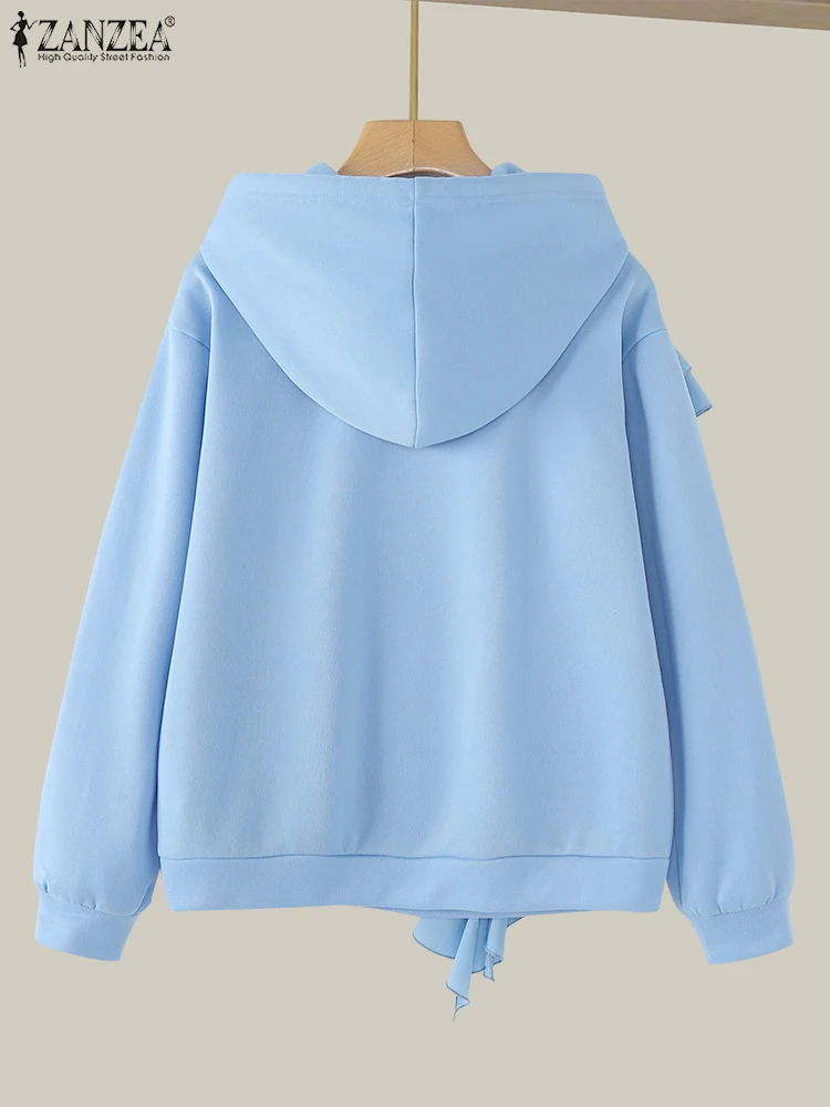ZANZEA Simple Hooded Collar Jumper Women Ruffled Edge Sweatshirts 2024 Autumn Solid Pullovers Korean Style Long Sleeve Hoodies 5