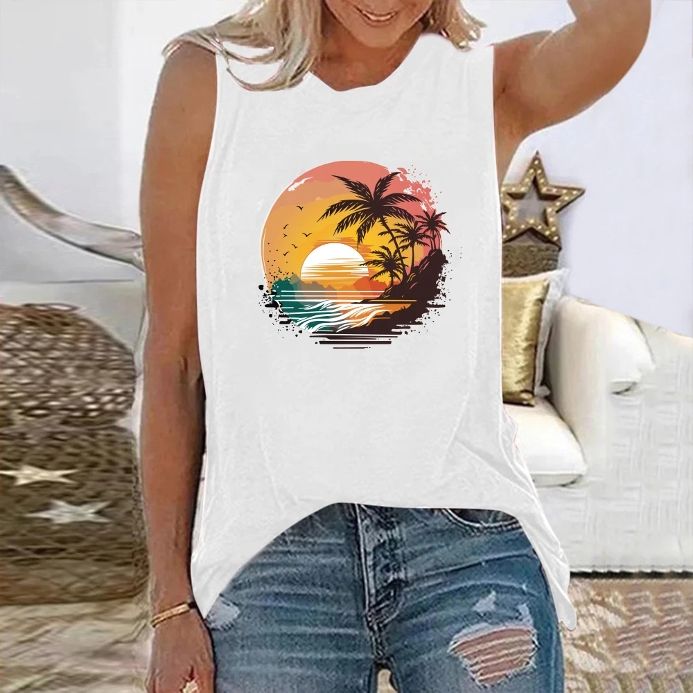 

Seeyoushy Sea Sunset Coconut Print 2023 Summer New Women's T-shirt Sleeveless O-neck Women's Top Y2K Aesthetic Women's Clothing