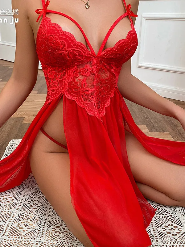 Sexy Nightdress Pure Desire Mesh Perspective Mini Tank V Neck Dress Hollowed Out Open Back Side Dress Elegant Sweet Tops Q7OY 3