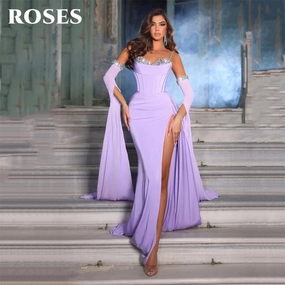 

ROSES Purple Prom Dresses High Slit Mermaid Evening Dress Chiffon Spaghetti Straps Sweetheart Sequin Detachable Sleeves 프롬드레스