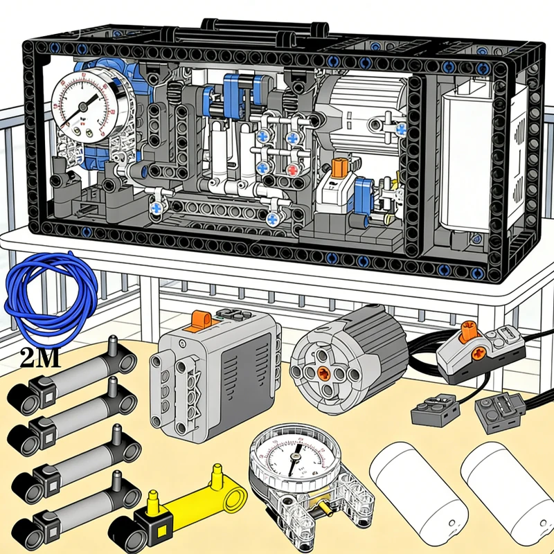 MOC-Luftkompressor-Bausteine, geeignet für DIY-Enthusiasten und für alle, die sich für pneumatische Technik und Montage interessieren. Spielzeuggeschenk