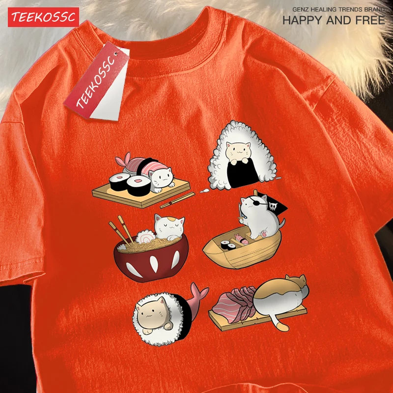 Cute Funny Sushi Cat Printing Mens Tshirts Hip Hop Oversize T-Shirt Fashion Summer Tops Casual Loose Couple T Shirts Soft New