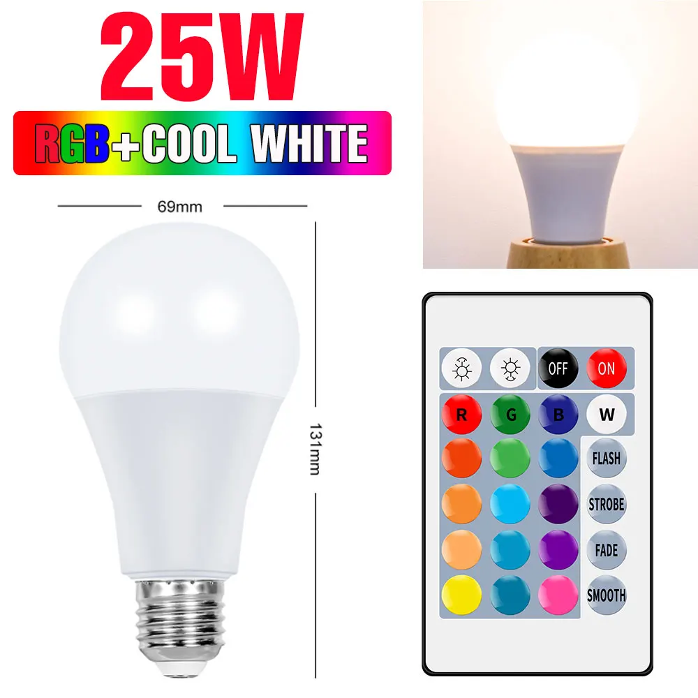 25W LED RGB 電球 E27 ランプ 16 色リモコン調光可能なシャンデリア 220V 雰囲気照明カーニバルホームパーティー 110V
