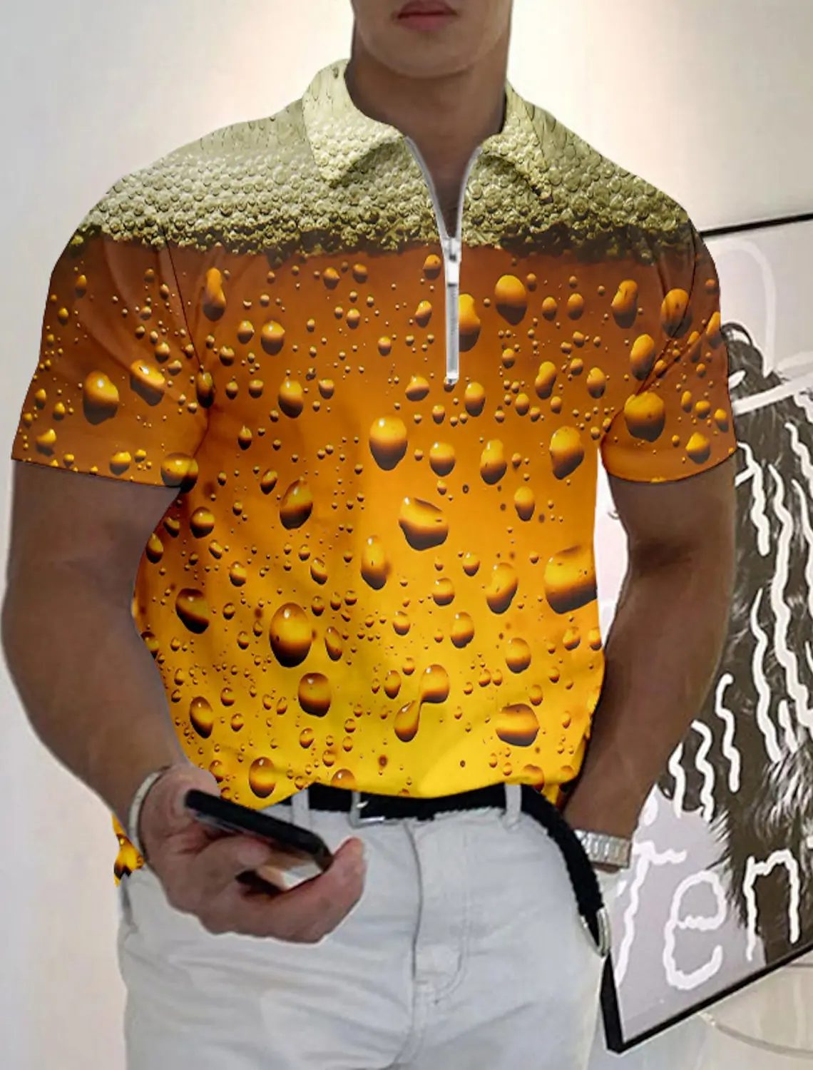 

Рубашка-поло мужская с графическим принтом, модная тенниска с отложным воротником, Повседневная трендовая рубашка-поло на молнии с короткими рукавами, в стиле Харадзюку