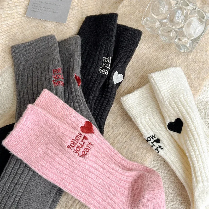 Cashmere Middle Tube Harajuku Kawaii Socks Autumn Winter New Pure Color Women Socks Embroidery Lover Socks Women