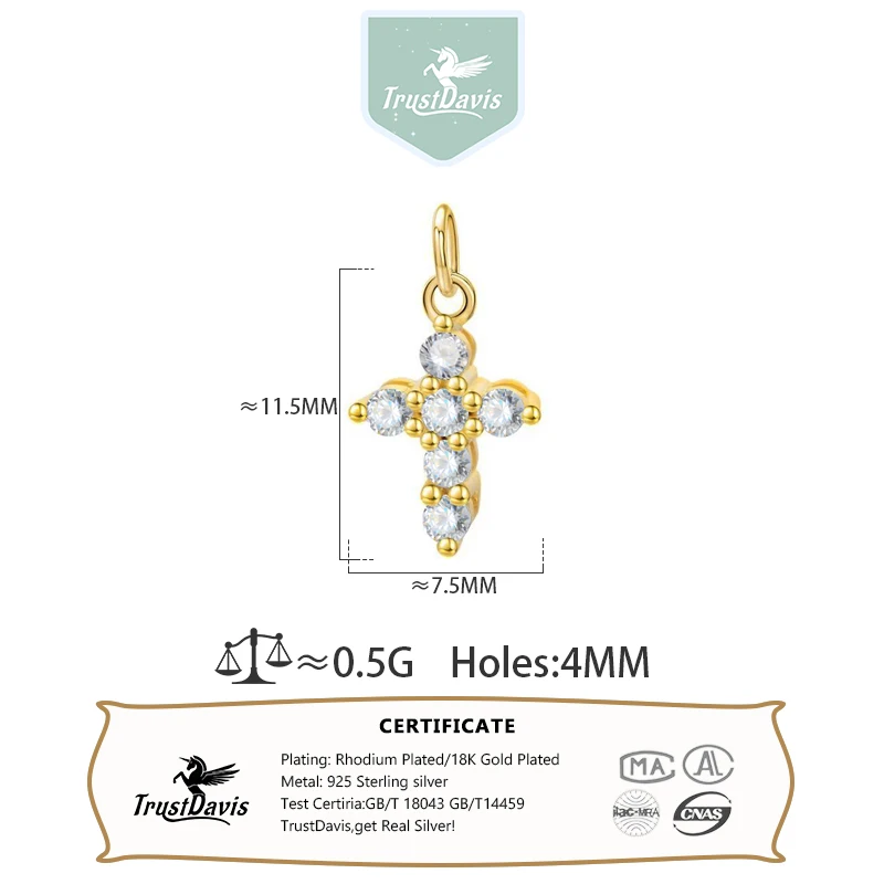 TrustDavis Real 925 Sterling Silver Fashion Sweet Cross Dazzling CZ Charm Pendant Handmade DIY Accessories Fine Jewelry HY353,pendant necklace,silver necklace,silver pendant,silver necklace charms