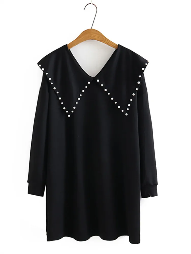 

Plus Size Clothing For Women Spring Lapel With Beaded Edge Long Sleeve Dress Loose Knee Length Skirt Large Size For Busty Lady