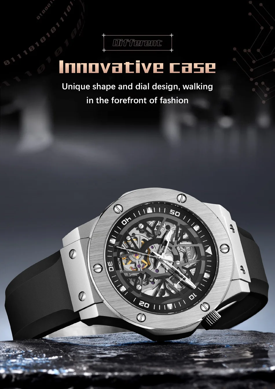Hollow Out Design Automatic Watch For Men Luxury Stainless Steel Rubber Strap Mechanical Watch 30M Waterproof Reloj Hombre_voghion.com