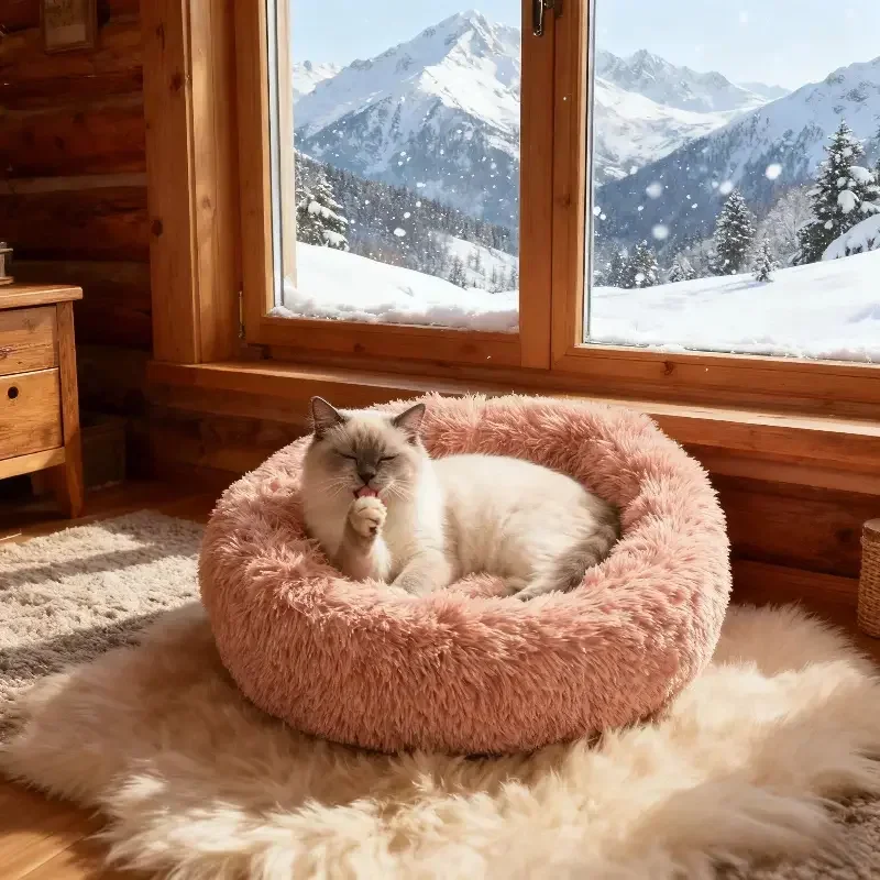 1pc Round Plush Dog Bed & Cat Nest,Non-Slip Base, Warm Soft Faux Fur Pet Bed,Perfect Christmas Gift, Cozy Home Decor