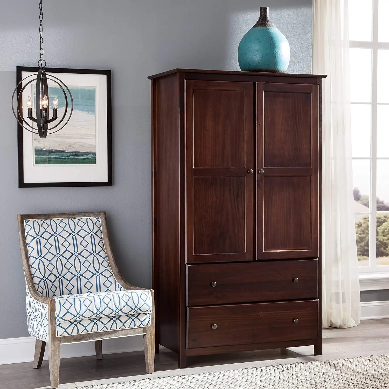 Wood Furniture Shaker 2-Door Wardrobe, Solid Wood with Cherry Finish 2