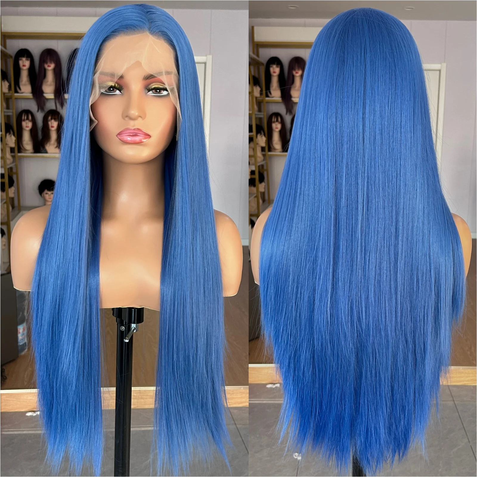 Ash Blue Long Silky Straight Synthetic Wig Free Part Long Blue